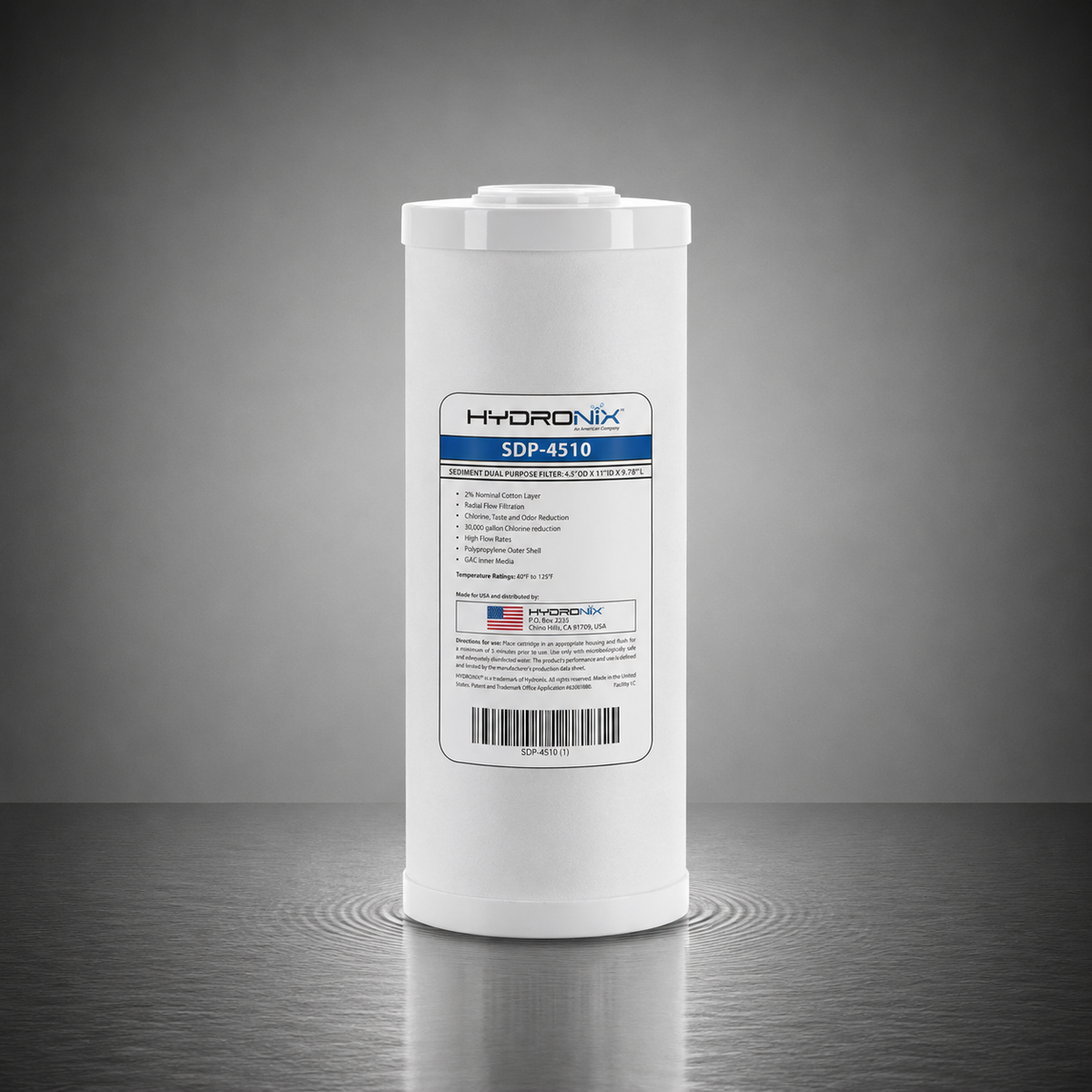 Hydronix™ SDP-4510, 10 in Radial Flow, 4.5in x 9-7/8in, Carbon Filter, 25 micron, GXWH35F, WRC25HD, TO8